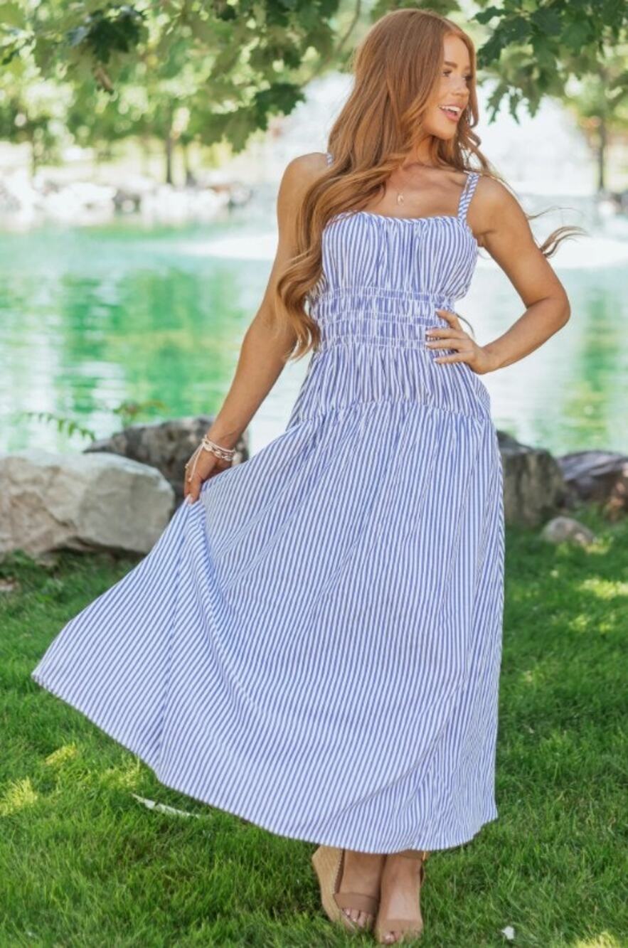 Heyson White and Blue Striped Strappy Maxi Dress Size S/M Scandi Coastal Cowgirl